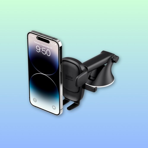 A smartphone mounted on a black car phone holder against a gradient background.