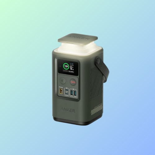 A portable power station with a light, USB ports, and a digital display, set against a gradient background.