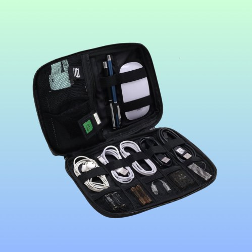 A black tech organizer case with various cables, a pen, and small accessories, set against a gradient background.