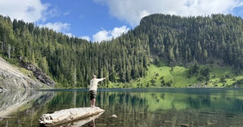 A man fished from North Lake, a hidden fishing spot in Washington.
