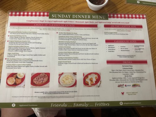 A Sunday dinner menu featuring farmhouse entrees, sides, drinks, and desserts at Applewood Farmhouse.
