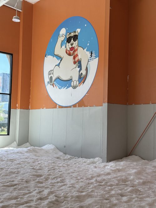 A playful mural of a dog in sunglasses on an orange wall, with snow covering the floor in a bright indoor space.