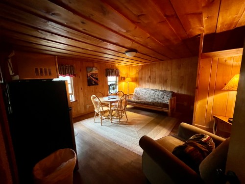 Cozy wooden interior of a cabin with a sofa, dining table, and kitchenette, illuminated by warm light.