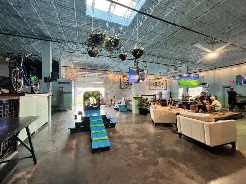 A spacious indoor venue with bikes on display, plants hanging from the ceiling, and people enjoying food and drinks.