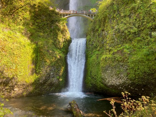 A stunning waterfall cascades down rocky cliffs, with a bridge above and lush greenery surrounding the scene.