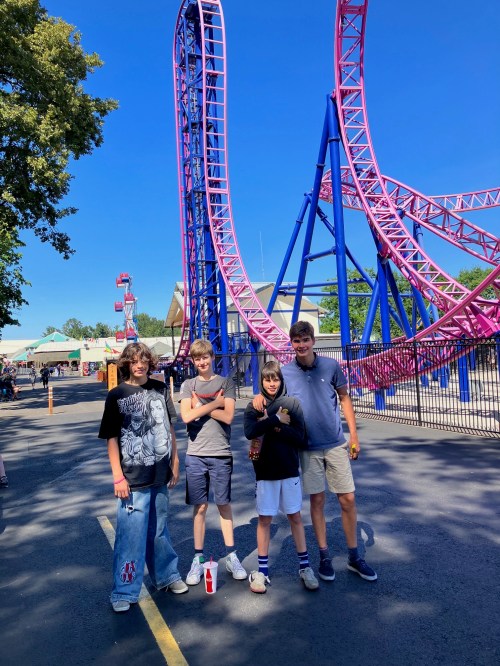 Four friends stand in front of a colorful roller coaster at an amusement park on a sunny day.