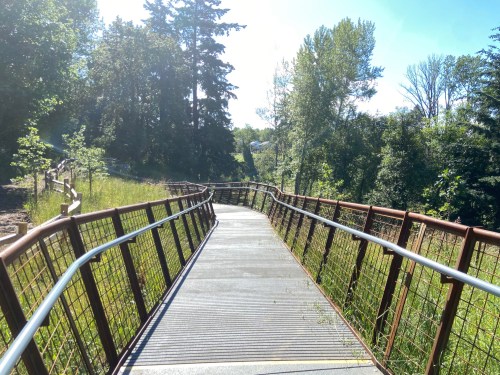 A winding pathway through lush greenery, bordered by trees and a railing, under a clear blue sky.