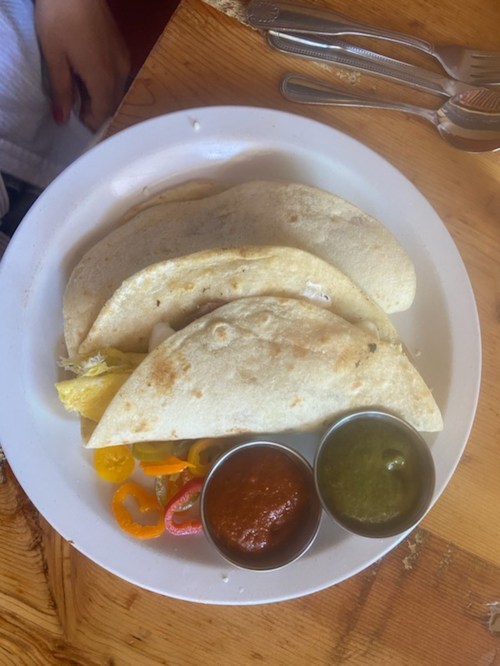 Three soft tacos on a plate, accompanied by two small bowls of salsa and colorful sliced vegetables.