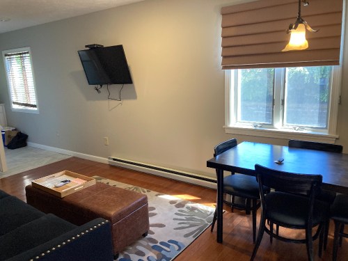 Cozy living space with a TV, dining table, and a sofa, featuring natural light from large windows.