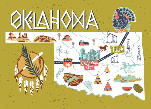 Illustrated map of Oklahoma, USA, highlighting travel attractions, designed as a souvenir print.