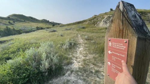 A wooden trail sign points towards the Roundup Trail and Jones Creek, surrounded by grassy hills and shrubs.