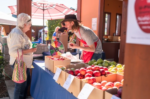 A vendor in an apron engages with a customer at a fruit stand, surrounded by boxes of apples and a prize wheel.