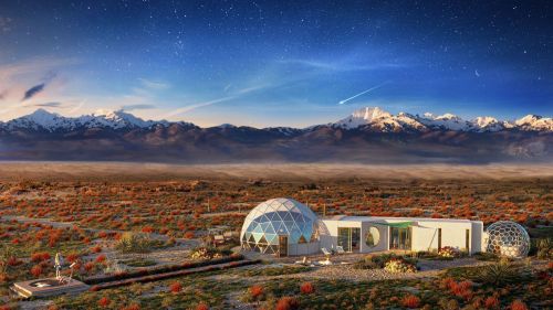 A futuristic dome home in a desert landscape, surrounded by mountains under a starry sky with a comet.