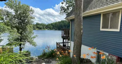 The lake view from a blue cabin in Indiana