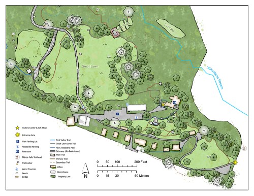 Map of a park layout featuring trails, parking, a gift shop, and various natural features. North is indicated at the bottom.