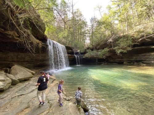 A serene waterfall cascades into a clear pool, with children exploring the rocky shore in a lush forest setting.