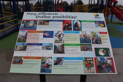 A colorful sign at a playground showcasing various activities and inclusivity options for children.