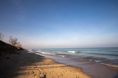 A serene beach scene with gentle waves, sandy shore, and a clear blue sky. Trees line the distant shore.