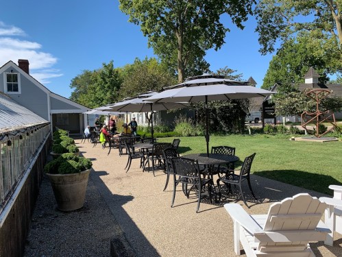 Outdoor seating area with tables and umbrellas, surrounded by greenery and a clear blue sky.