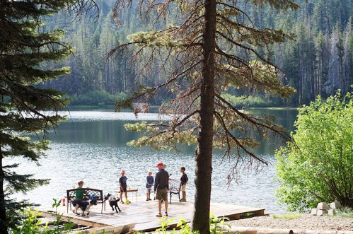 A group of people and a dog by a lake, surrounded by trees, enjoying a sunny day on a wooden dock.