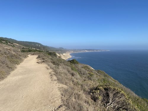 A scenic coastal path winds along a cliff, overlooking the ocean and distant shoreline under a clear blue sky.