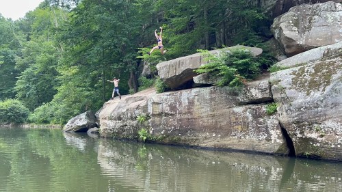 Two people on a rocky ledge by a lake; one is jumping off into the water while the other watches. Lush greenery surrounds them.