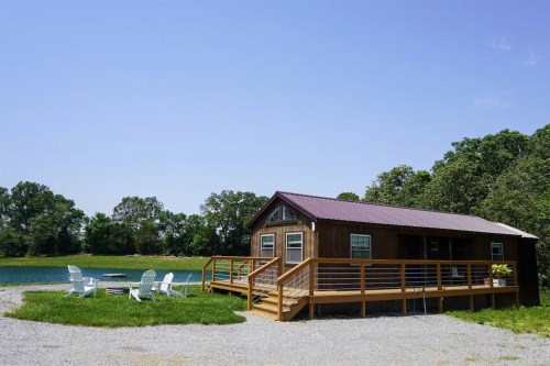 A cozy wooden cabin with a porch, surrounded by green grass and trees, near a calm body of water.