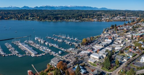 An aerial view of Poulsbo, Washington, on a summer day.
