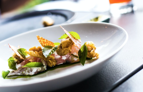 A beautifully plated dish featuring crispy elements, herbs, and a creamy base, served on a white plate.