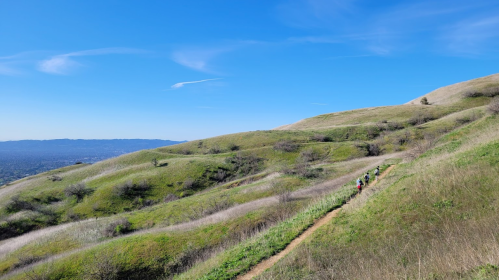 A scenic hiking trail winds through green hills under a clear blue sky, with hikers in the distance.