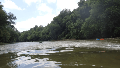 A serene river scene surrounded by lush green trees, with a small kayak visible in the distance.