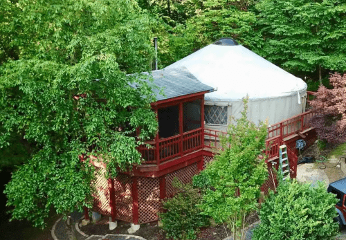 A yurt surrounded by trees, featuring a red deck and a ladder, set in a lush green landscape.