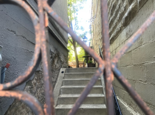 A narrow passageway between two buildings, featuring concrete steps and a glimpse of greenery at the end.