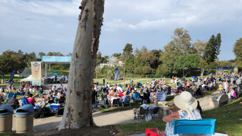 A large crowd enjoys an outdoor concert in a park, with people seated on blankets and chairs under trees.