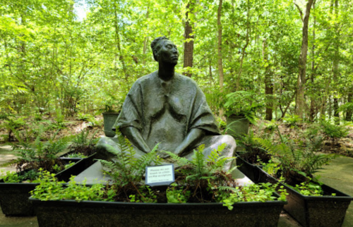 A bronze statue of a seated figure surrounded by lush greenery and ferns in a serene outdoor setting.
