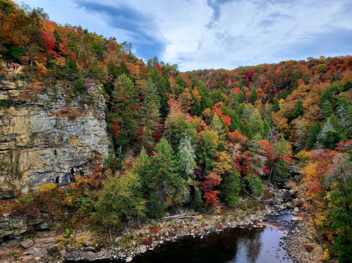 A scenic view of a river surrounded by vibrant autumn foliage and rocky cliffs under a partly cloudy sky.