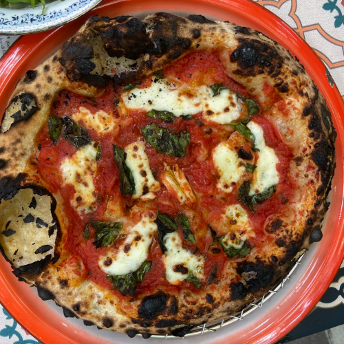 A freshly baked pizza with charred crust, topped with tomato sauce, mozzarella, and fresh basil leaves.