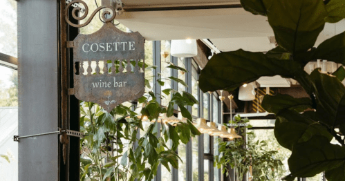 Sign for "Cosette Wine Bar" surrounded by lush green plants in a bright, modern interior.
