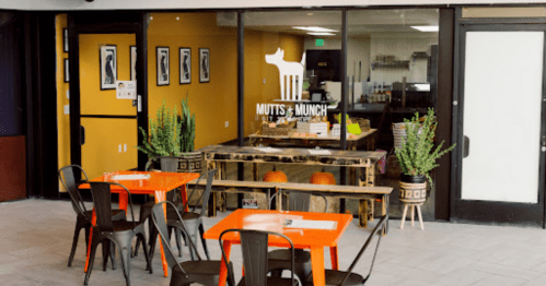 A cozy pet-friendly café with orange tables, plants, and a welcoming sign for "Mutts & Munch."