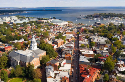 Aerial view of a coastal town with historic buildings, trees, and a marina in the background under a clear blue sky.