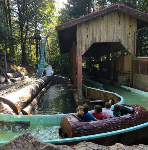 A log flume ride in a wooded area, with children in a boat and a water slide in the background.