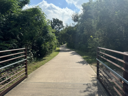 A paved pathway surrounded by greenery, leading through a peaceful outdoor area with blue skies above.