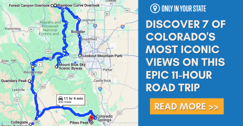 Map highlighting a scenic 11-hour road trip route through Colorado's iconic views, including key landmarks and stops.