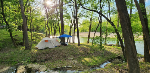 A tent and blue umbrella by a river, surrounded by lush green trees and sunlight filtering through the leaves.