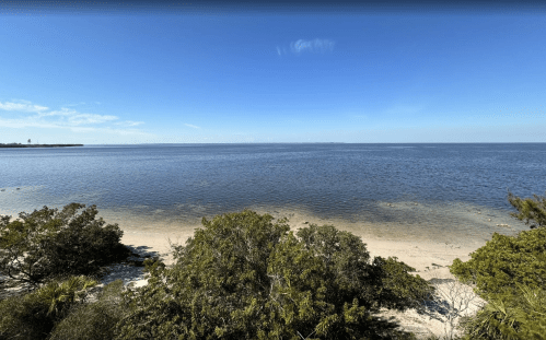 A serene view of a calm bay with sandy shore and lush greenery under a clear blue sky.