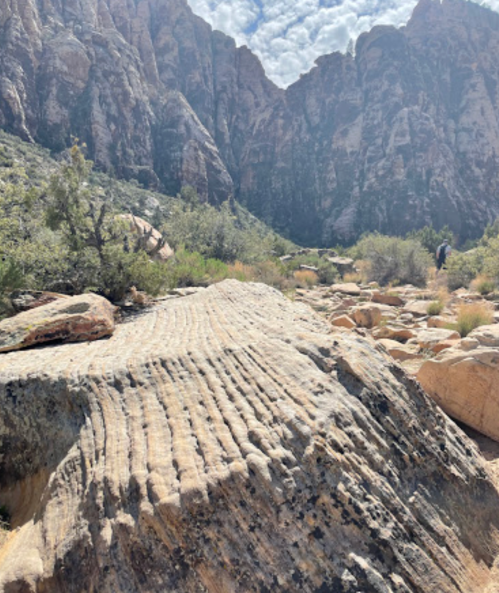 Rocky landscape with textured stone in the foreground and towering mountains in the background under a cloudy sky.
