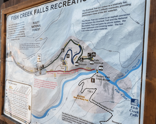 Map of Fish Creek Falls Recreation Area, showing trails, overlooks, and key features in Routt National Forest.