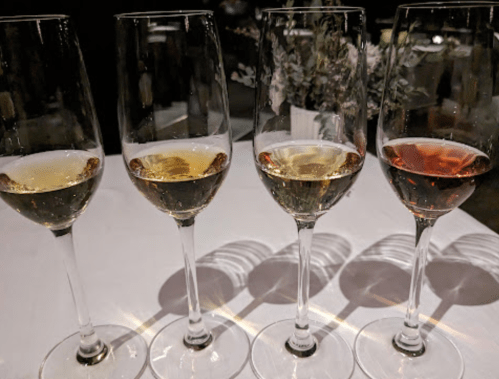 Four elegant wine glasses filled with different types of wine: white, sparkling, rosé, and a light golden hue.