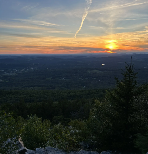 A scenic sunset over a valley, with vibrant orange and purple hues in the sky and lush green trees in the foreground.
