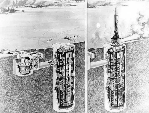Illustration of a deep underground facility, showing cross-sections of its structure and surrounding landscape.